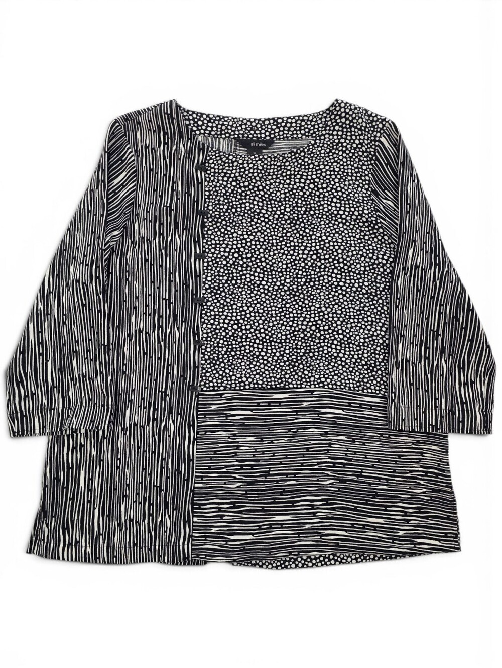 Ali Miles Mixed Print Button Accent Tunic Top XL Black White Artsy Lagenlook